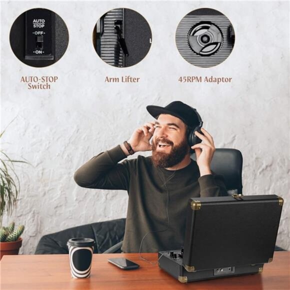 Vinyl Record Player Bluetooth Suitcase Portable Belt-Driven Record Player - Picture 5 of 6